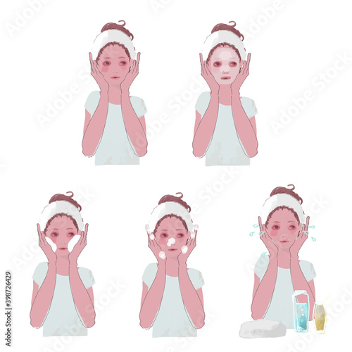 フェイスパック、泡洗顔、保湿をする　女性のイラストセット