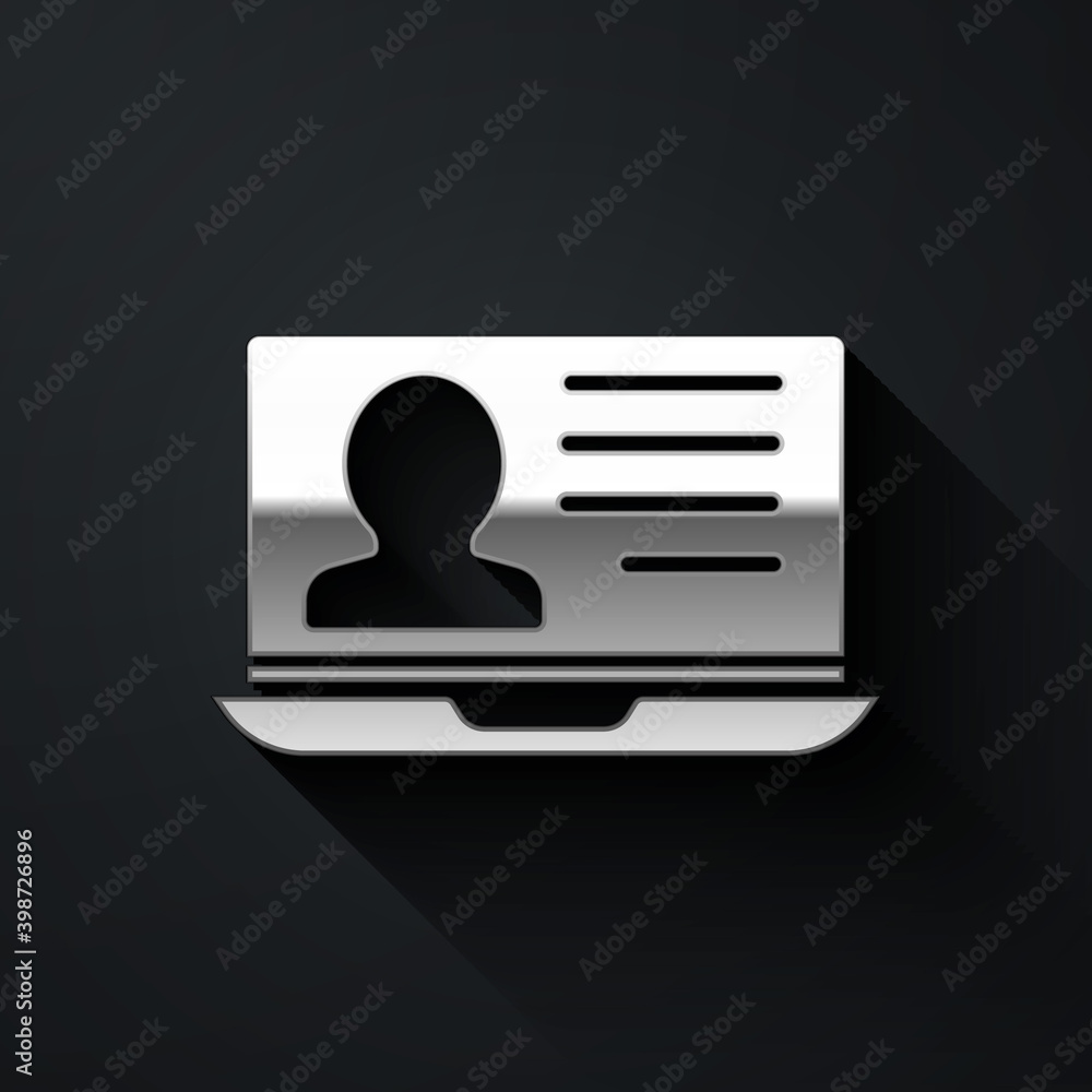 Silver Laptop with resume icon isolated on black background. CV application. Searching professional staff. Analyzing personnel resume. Long shadow style. Vector. Silver Laptop with resume icon isolated on black background. CV application. Searching professional staff. Analyzing personnel resume. Long shadow style. Vector.