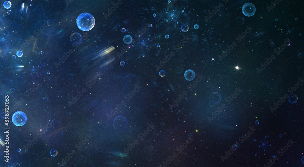 Movement of electrons or positrons in electric or magnetic field. Small planets in open space with new star, star dust clouds, stellar system and nebula, night star sky. 3d illustration fractal art. Movement of electrons or positrons in electric or magnetic field. Small planets in open space with new star, star dust clouds, stellar system and nebula, night star sky. 3d illustration fractal art.