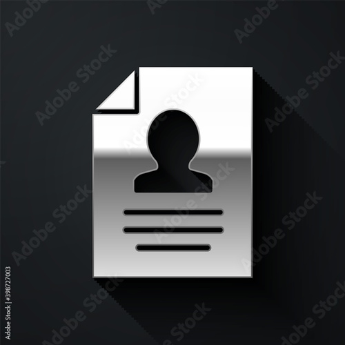 Silver Resume icon isolated on black background. CV application. Searching professional staff. Analyzing personnel resume. Long shadow style. Vector.