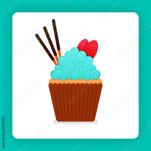 Illustration of tasty cupcake with mint flavored whip cream with added double strawberries and three chocolate sticks. Design can be for book, flyer, poster, website, web, apps, landing page, cookbook