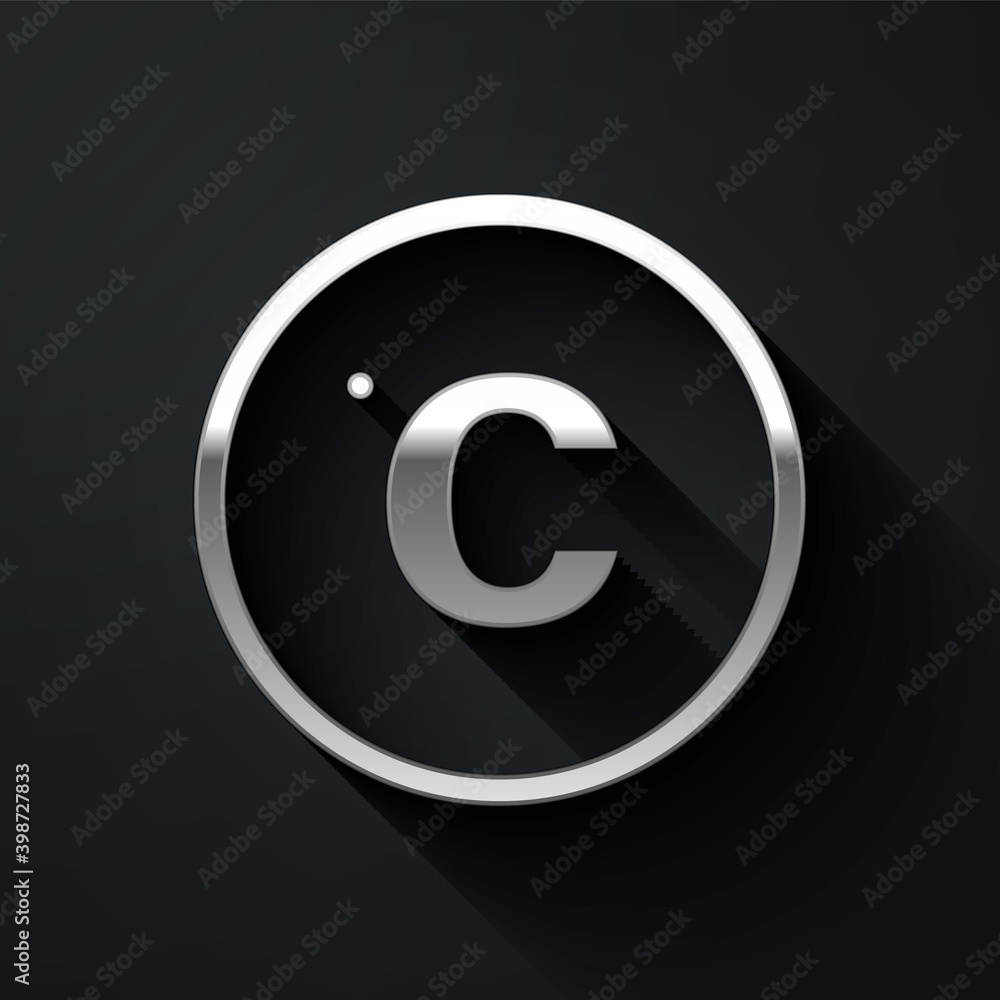 Silver Celsius icon isolated on black background. Long shadow style. Vector. Silver Celsius icon isolated on black background. Long shadow style. Vector.