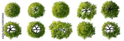 Collection of abstract watercolor green tree top view isolated on white background  for landscape plan and architecture layout drawing, elements for environment and garden, green grass illustration 