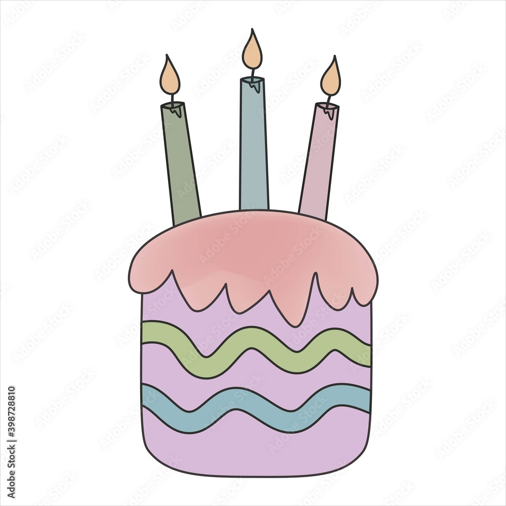 Happy birthday cake with candles. Vector doodle file isolated on white background. Happy birthday cake with candles. Vector doodle file isolated on white background.