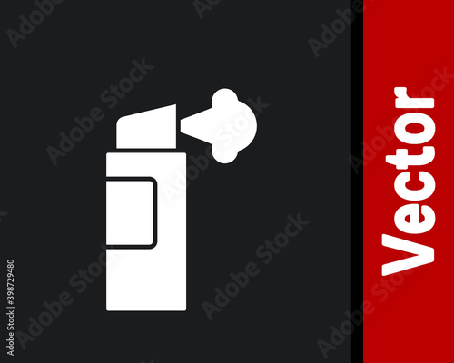 White Pepper spray icon isolated on black background. OC gas. Capsicum self defense aerosol.  Vector.