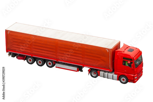 Red truck big semi trailer isolated on white background.