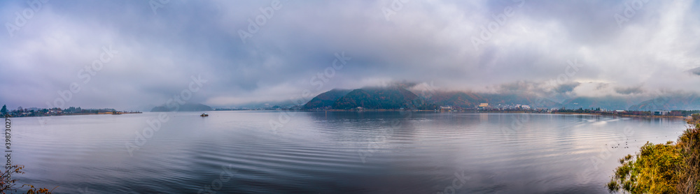 Morning panorama of lake Kawaguchi in Japan