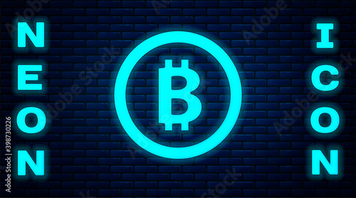 Glowing neon Cryptocurrency coin Bitcoin icon isolated on brick wall background. Physical bit coin. Blockchain based secure crypto currency.  Vector.