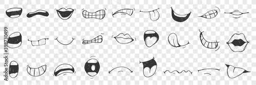 Lips, tongue, mouth doodle set. Collection of hand drawn human lips, open mouth, showing tongue with different emotions isolated on transparent background. Illustration of expressing sign with mouth