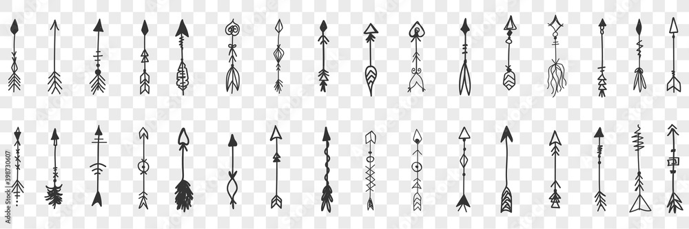 Arrows doodle set. Collection of hand drawn various elegant vintage arrow for bows isolated on transparent background. Illustration of archery and means for shooting and direction sign Arrows doodle set. Collection of hand drawn various elegant vintage arrow for bows isolated on transparent background. Illustration of archery and means for shooting and direction sign