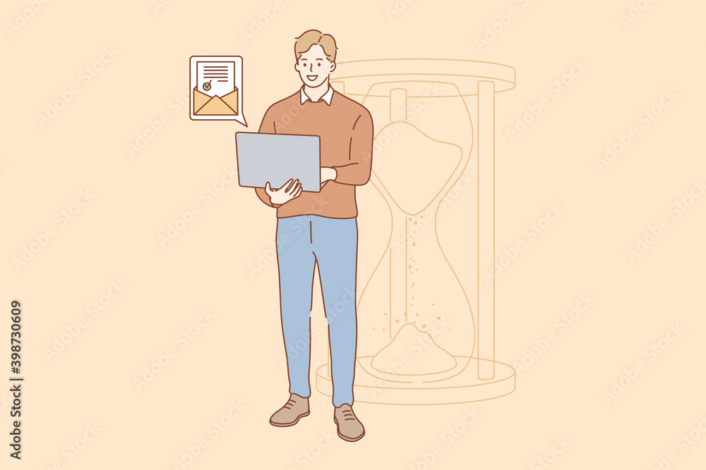 Efficiency in work, successful task completion, excellent time management. Happy young businessman standing with laptop near big sandglass and getting good news by email vector illustration Efficiency in work, successful task completion, excellent time management. Happy young businessman standing with laptop near big sandglass and getting good news by email vector illustration