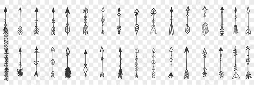 Arrows doodle set. Collection of hand drawn various elegant vintage arrow for bows isolated on transparent background. Illustration of archery and means for shooting and direction sign 