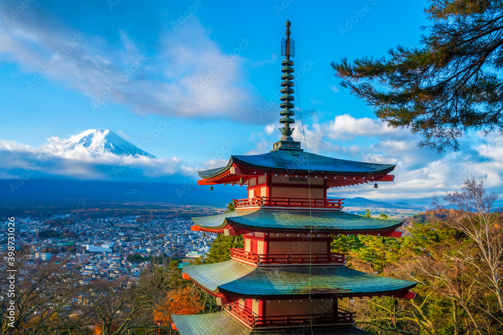 Landmarks of japan including Chureito red Pagoda andFuji mountain in autumn season Landmarks of japan including Chureito red Pagoda andFuji mountain in autumn season
