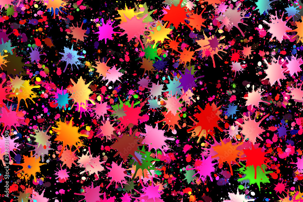 A background illustration of colorful paint splatters on a black background. A background illustration of colorful paint splatters on a black background.