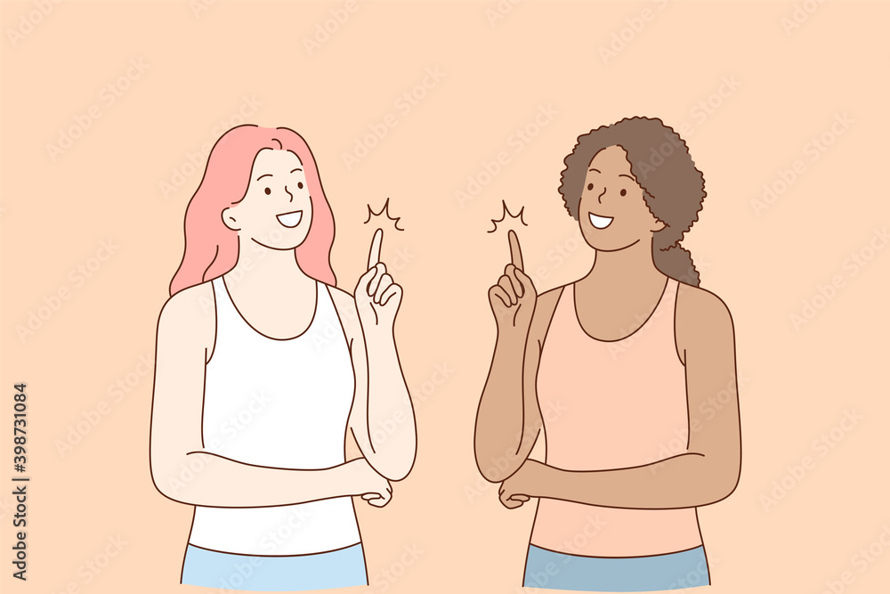 Mixed race friendship, finger up idea concept. Two smiling cheerful girls of different race standing pointing fingers up showing good idea or thought in mind vector illustration Mixed race friendship, finger up idea concept. Two smiling cheerful girls of different race standing pointing fingers up showing good idea or thought in mind vector illustration