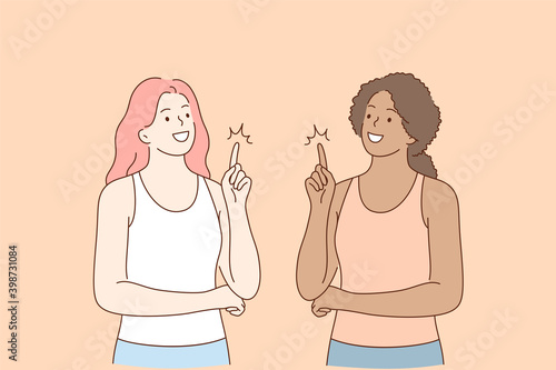 Mixed race friendship, finger up idea concept. Two smiling cheerful girls of different race standing pointing fingers up showing good idea or thought in mind vector illustration