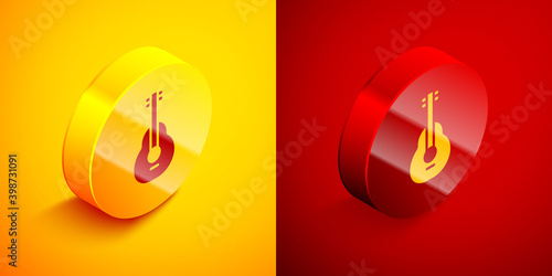 Isometric Mexican guitar icon isolated on orange and red background. Acoustic guitar. String musical instrument. Circle button. Vector.