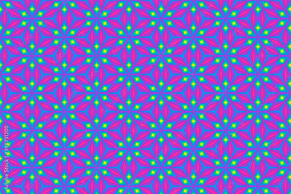 Abstract geometric pattern ilustration. Repeating  background in pink and blue floral pattern.