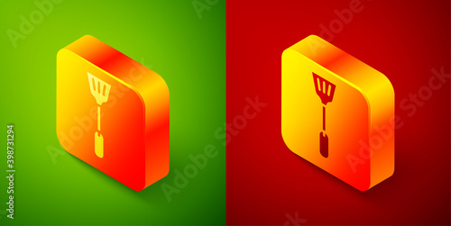 Isometric Fly swatter icon isolated on green and red background. Square button. Vector.