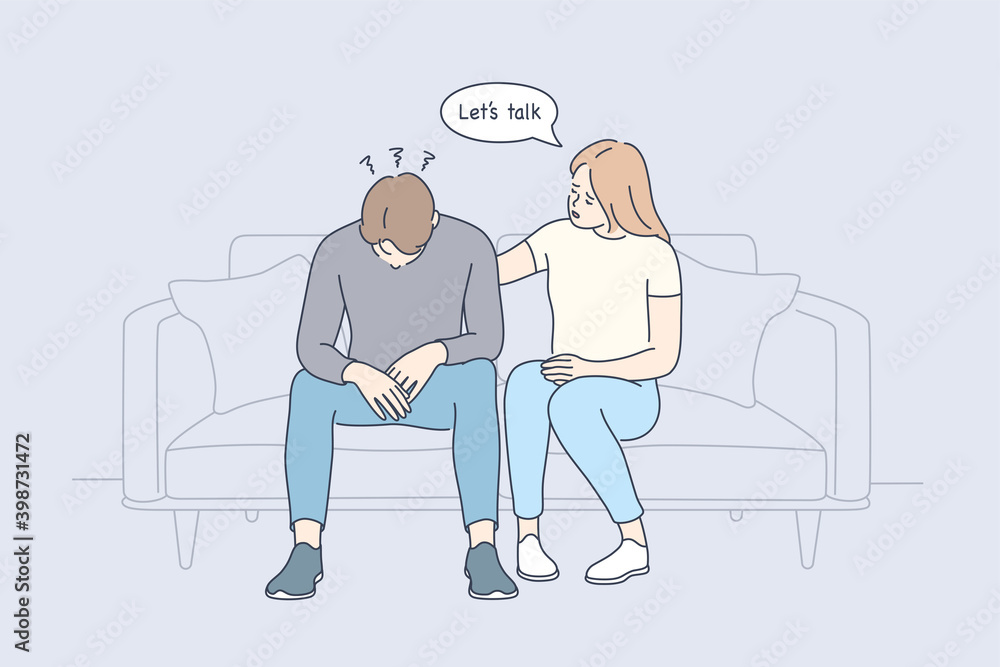 Support, mental depression, suicide prevention day concept. Young caring  woman cartoon character sitting on sofa, touching shoulder of depressed man  and trying to help or support him illustration Stock Vector | Adobe