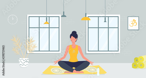 Young woman practicing yoga at home or studio. Vector illustration. Lotus pose. Banner or advertising