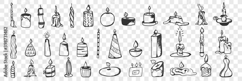 Candles doodle set. Collection of hand drawn burning candles with fire of various shapes and styles for home decoration isolated on transparent background. Illustration of candlelight for cosiness