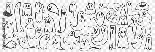 Ghost doodle set. Collection of hand drawn cute scary spooky ghosts of various shapes trying to frighten isolated on transparent background. Illustration of halloween typical costume, character