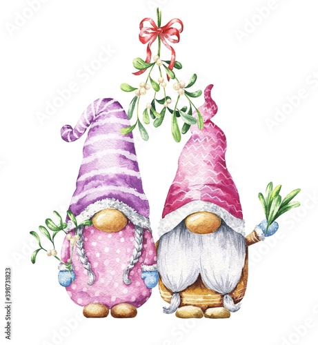 Pair of Christmas gnomes under the mistletoe kissing bough on white background. Watercolor winter season illustration. photo
