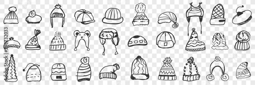 Headdress doodle set. Collection of hand drawn various warm caps and hats for wearing during winter or autumn isolated on transparent background. Illustration of designs for kids head-dress looks