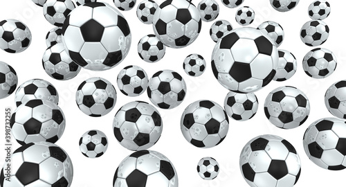 Background with soccer balls. A lot of soccer balls isolated on white background. 3D illustration
