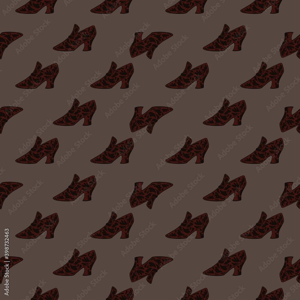 Abstract seamless acessory pattern with womes shoes little shapes. Brown palette artwork. Abstract seamless acessory pattern with womes shoes little shapes. Brown palette artwork.