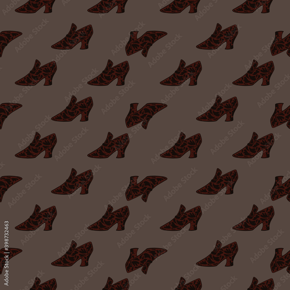 Abstract seamless acessory pattern with womes shoes little shapes. Brown palette artwork.