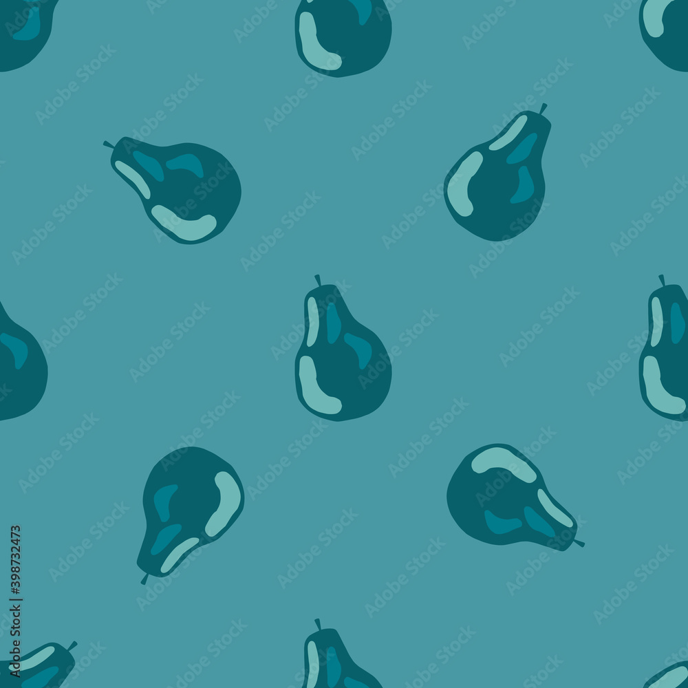 Minimalistic seamless doodle pattern with pear hand drawn silhouettes. Simple fruit shapes and background in blue tones. Minimalistic seamless doodle pattern with pear hand drawn silhouettes. Simple fruit shapes and background in blue tones.