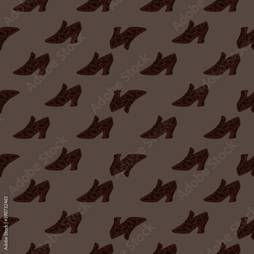 Abstract seamless acessory pattern with womes shoes little shapes. Brown palette artwork.