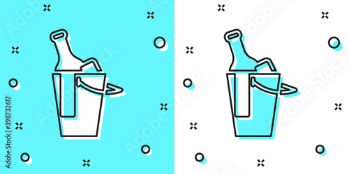 Black line Bottle of wine in an ice bucket icon isolated on green and white background. Random dynamic shapes. Vector.