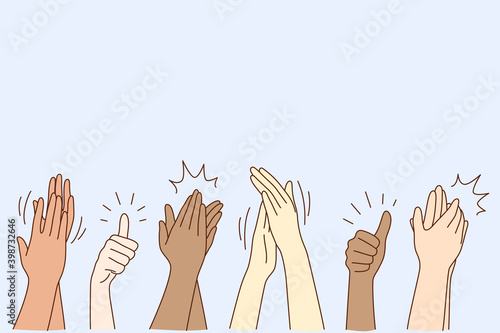 Cheering, ovation, applauding concept. Hands of various people male or female showing thumbs up, applauding, supporting somebody or cheering by gesture vector illustration