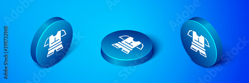 Isometric Body armor icon isolated on blue background. Blue circle button. Vector.