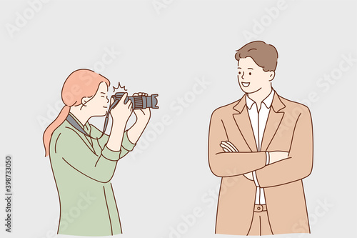Paparazzi, success, fame concept. Young woman photographer cartoon character taking photo of successful smiling confident businessman with camera for magazine or interview illustration