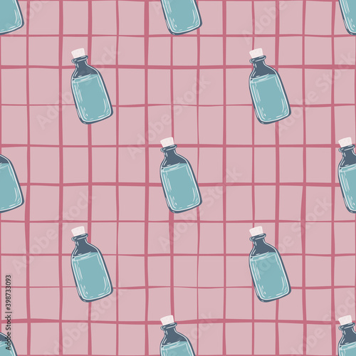 Seamless patern with apothecary medical bottles silhouettes. Blue ornament on pink chequered background.