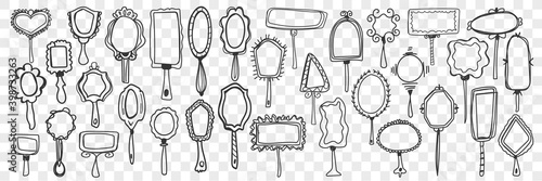 Mirrors doodle set. Collection of hand drawn various vintage mirrors with handles for looking and beauty treatments isolated on transparent background. Illustration of female decorated accessories 