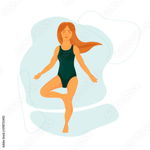 Female person doing yoga isolated on white background. Vector illustration of meditating girl