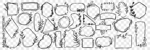 Vintage frames doodle set. Collection of hand drawn various shapes or mirrors or different shapes and sizes isolated on transparent background. Illustration of forms decorated with branches, leaves 