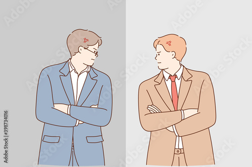 Business competition and confrontation during work concept. Two young men businessmen standing with hands crossed and looking at each other with anger in office vector illustration 