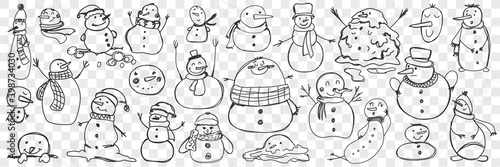 Snowman doodle set. Collection of funny hand drawn cute snowmen in scarves and accessories isolated on transparent background. Illustration of winter traditional entertainment and character for kids.