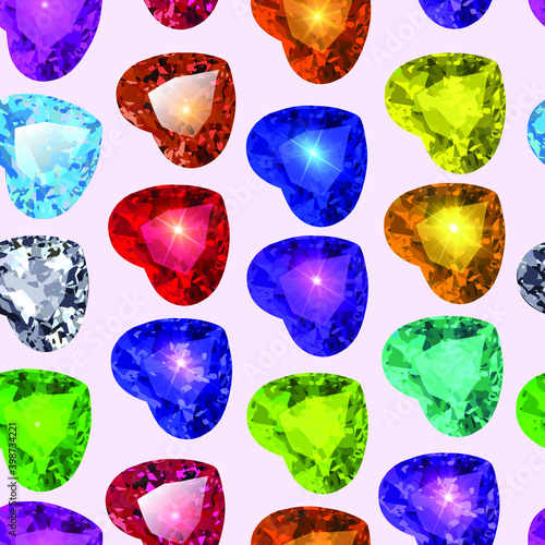 Illustration of seamless background with colorfu hearts made of precious stones