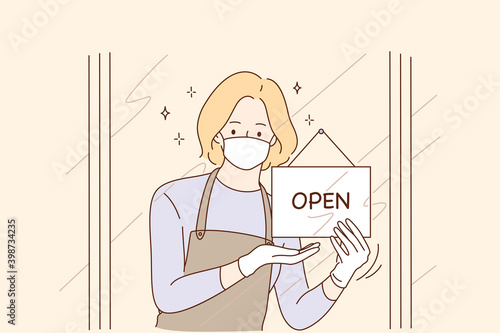 Opening doors after coronavirus pandemic, reopening concept. Young woman in protective medical mask opening door of cafe or shop with men sign and waiting for guests again vector illustration 