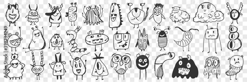 Scary cartoon characters doodle set. Collection of hand drawn cute scary spooky cartoon characters with teeth, wings, eyes like funny monsters isolated on transparent background