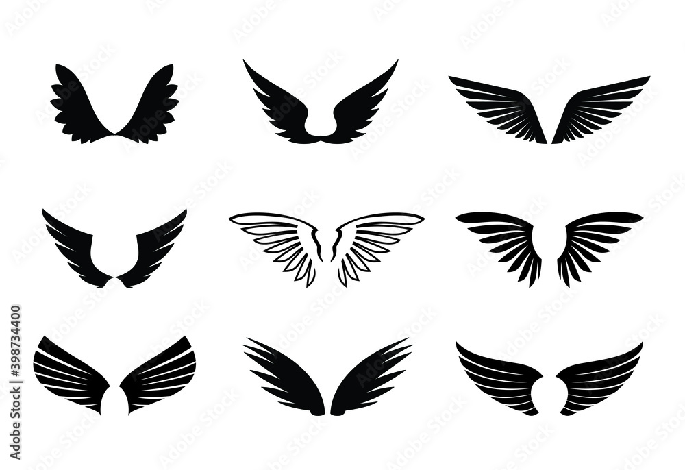 Fototapeta premium A set of Black Wings. Vector Illustration and outline Icons. Symbol of freedom.