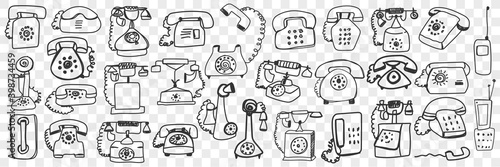 Telephone set doodle set. Collection of hand drawn retro vintage telephone sets with tube and wires isolated on transparent background. Illustration of old fashioned communication type