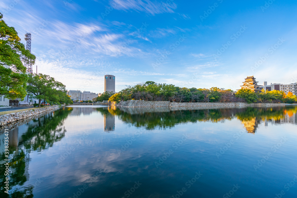 Hiroshima Castle at sunrise in Hiroshima. Japan